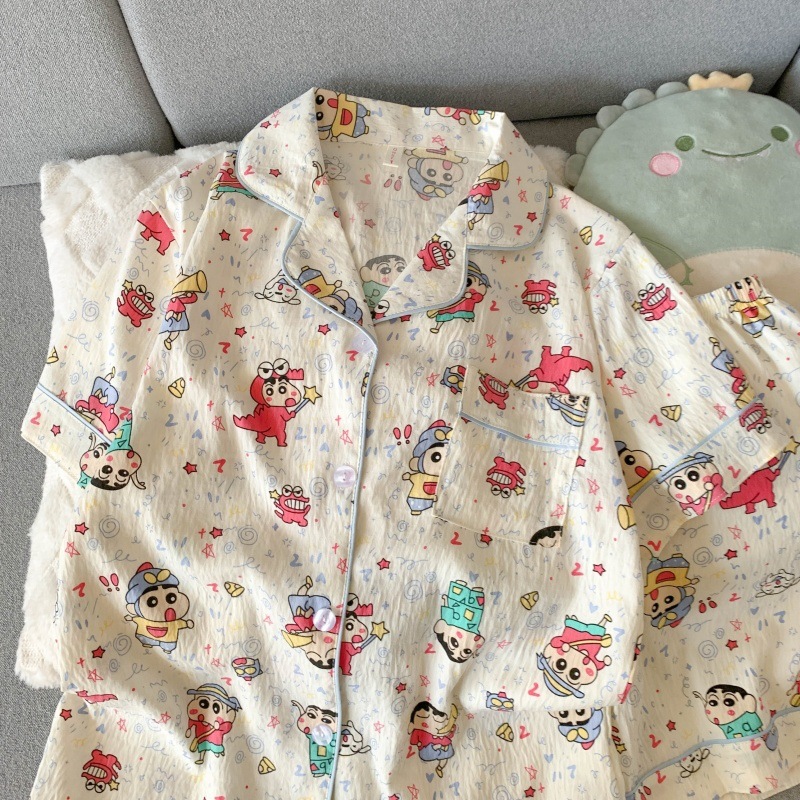 Nube de algodón pareja pijama niñas verano nuevo suelto delgado pantalones cortos de mangas cortas dos piezas impresas ropa para el hogar