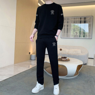Men's Casual Sports Suit Spring and Autumn New Korean Fashion Trendy Round Neck Sweatshirt Long-Sleeved Sweatpants Two-Piece Set