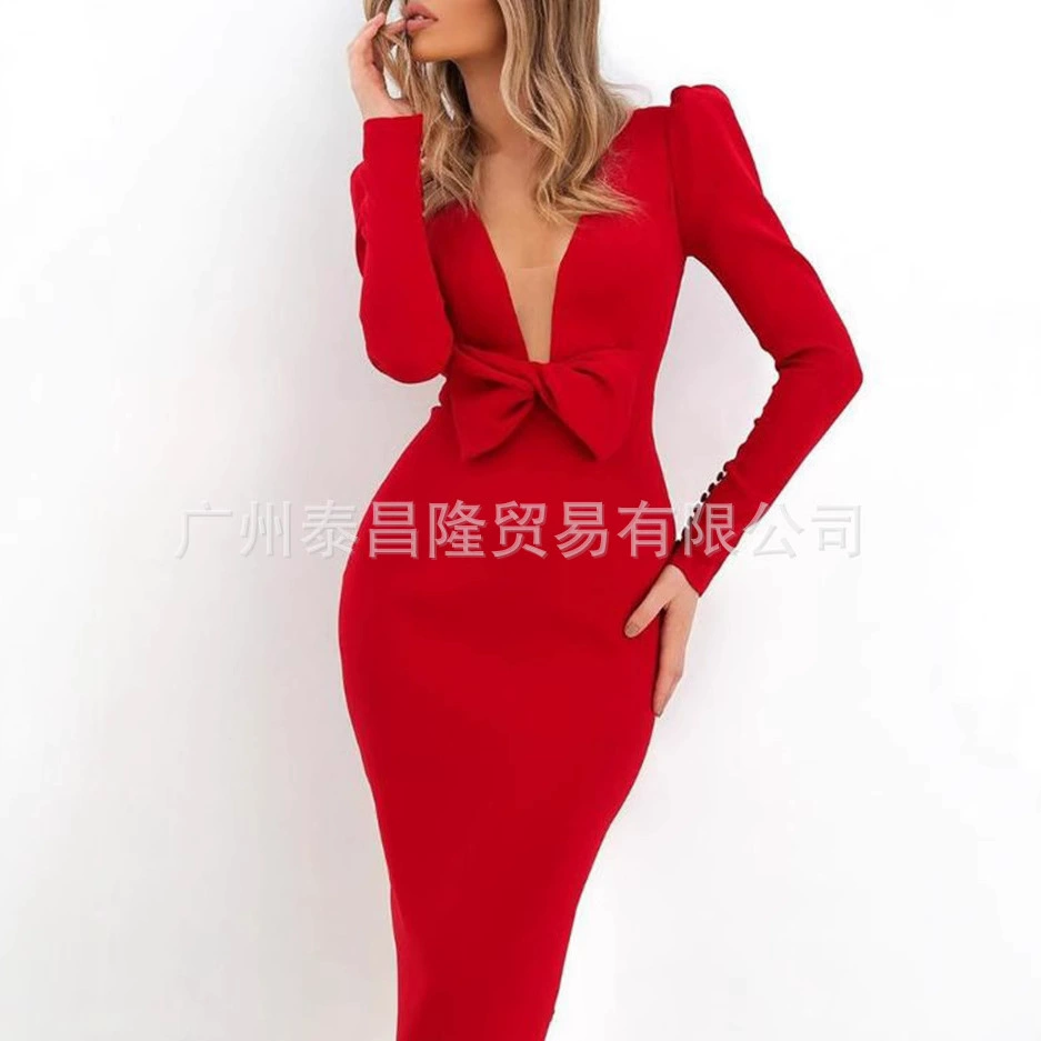 Новое женское платье с бантом Amazon, базовое платье с длинным рукавом в стиле хип, европейские и американские взрывы, с глубоким V-образным вырезом, весна и осень