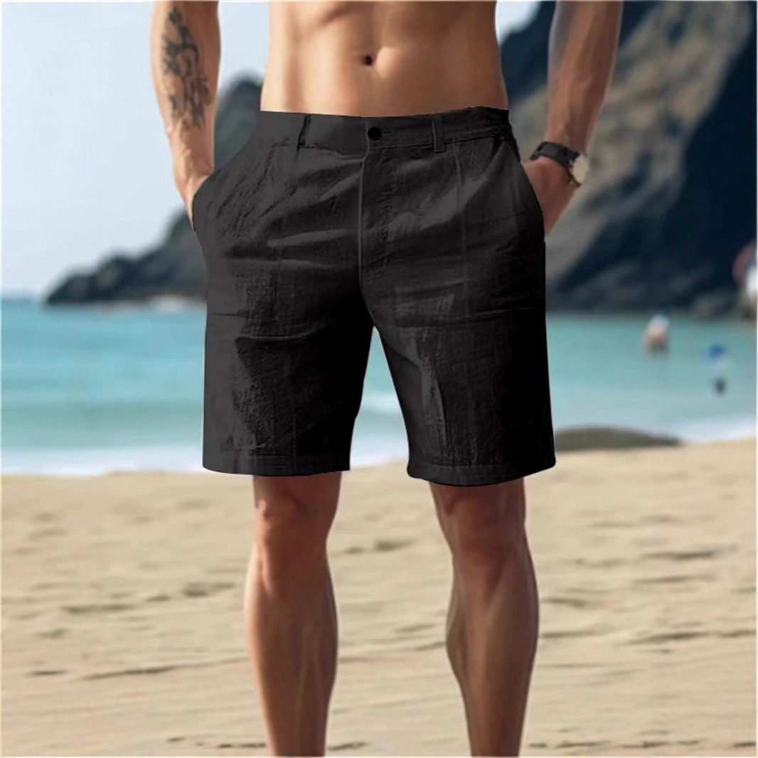 Cross-Border Men's Cotton and Linen Summer 2025 Solid Color Button Beach Daily Outdoor Breathable Straight Casual Shorts