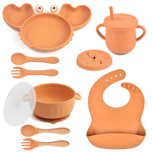 10-Piece Children's Crab Pattern Dinnerware Set with Silicone Tableware, Baby Silicone Feeding Bowl, Pouch Cup, Spork, and Spoon