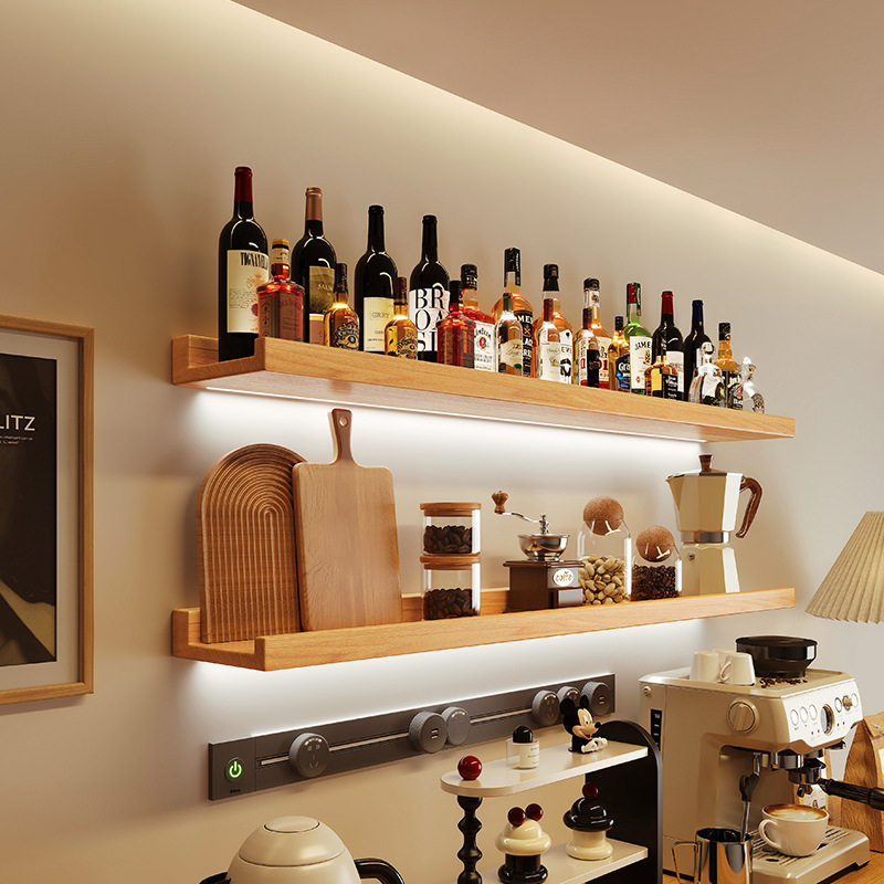 Estante de pared de madera maciza completo Estante de una palabra Estante de almacenamiento montado en la pared Estante de vino de pared Estante de exhibición de almacenamiento doméstico