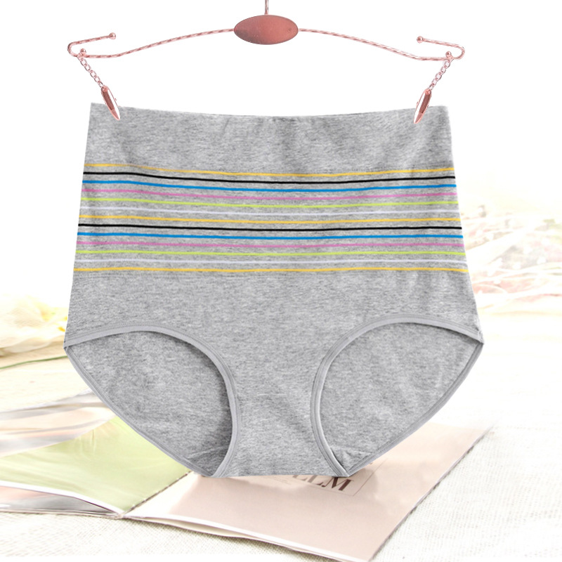 Women's cotton striped mid-high waist briefs hip lifting mom shorts plus size breathable pants 318