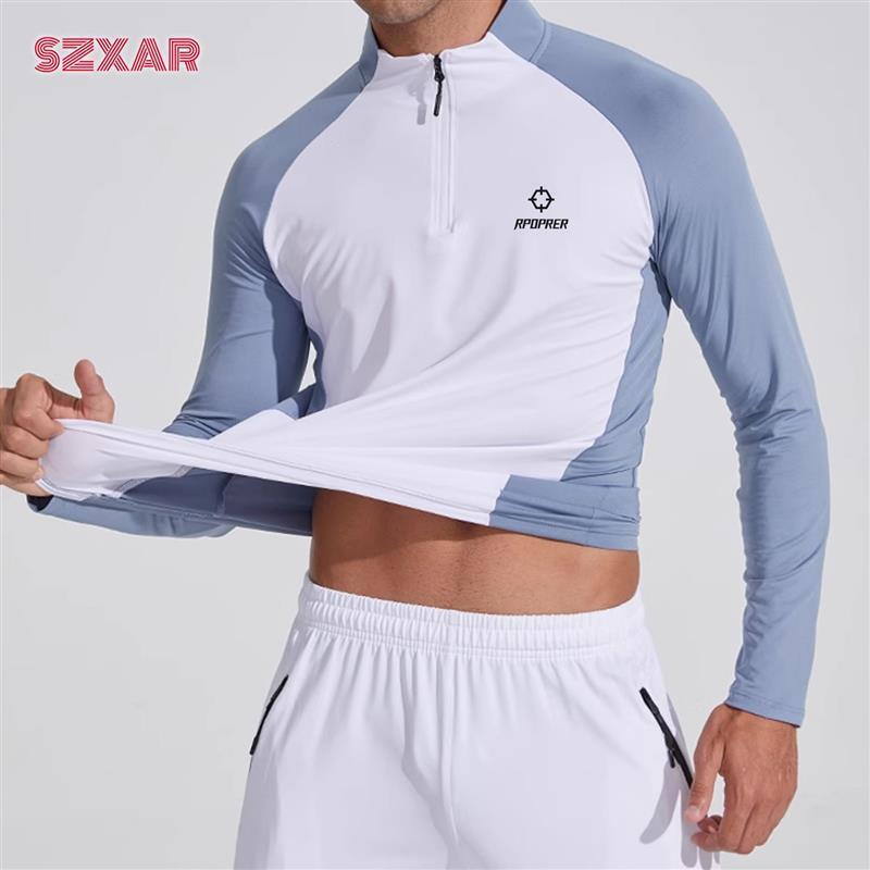 Rpoprer Winter Color-Blocked Half-Zip Stand-Up Collar Sports Quick-Drying Long-Sleeved Running Fitness Outdoor Training Clothing T-Shirt Top