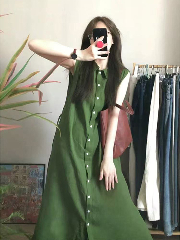 茶歇法式绿色棉麻背心连衣裙女2025夏感系带收腰显瘦气质长裙|undefined