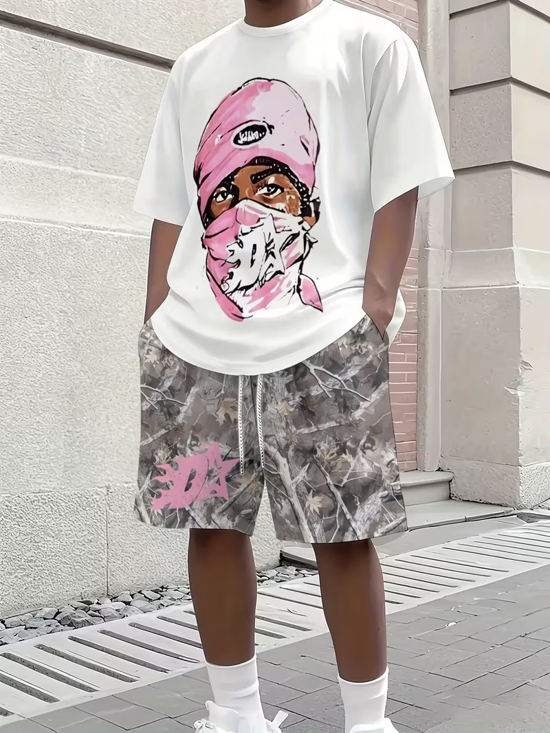 Fábrica de origen puede personalizar la impresión transfronteriza hip-hop manga corta pantalones cortos casuales set sueltos estilo americano diy