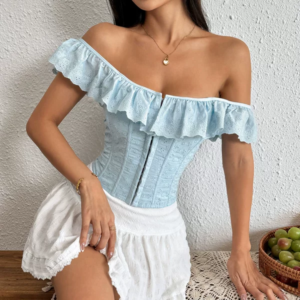 Cross-Border Export Hottie Sexy One-Line Collar Sling French Ruffled Buttoned Waist Slimming Look Vest Z0879