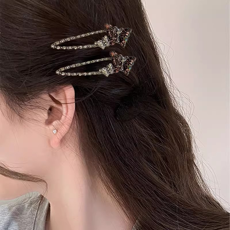 韩系甜酷黑彩水钻蝴蝶发夹新款小众侧边夹刘海碎发夹子鸭嘴夹发卡|undefined