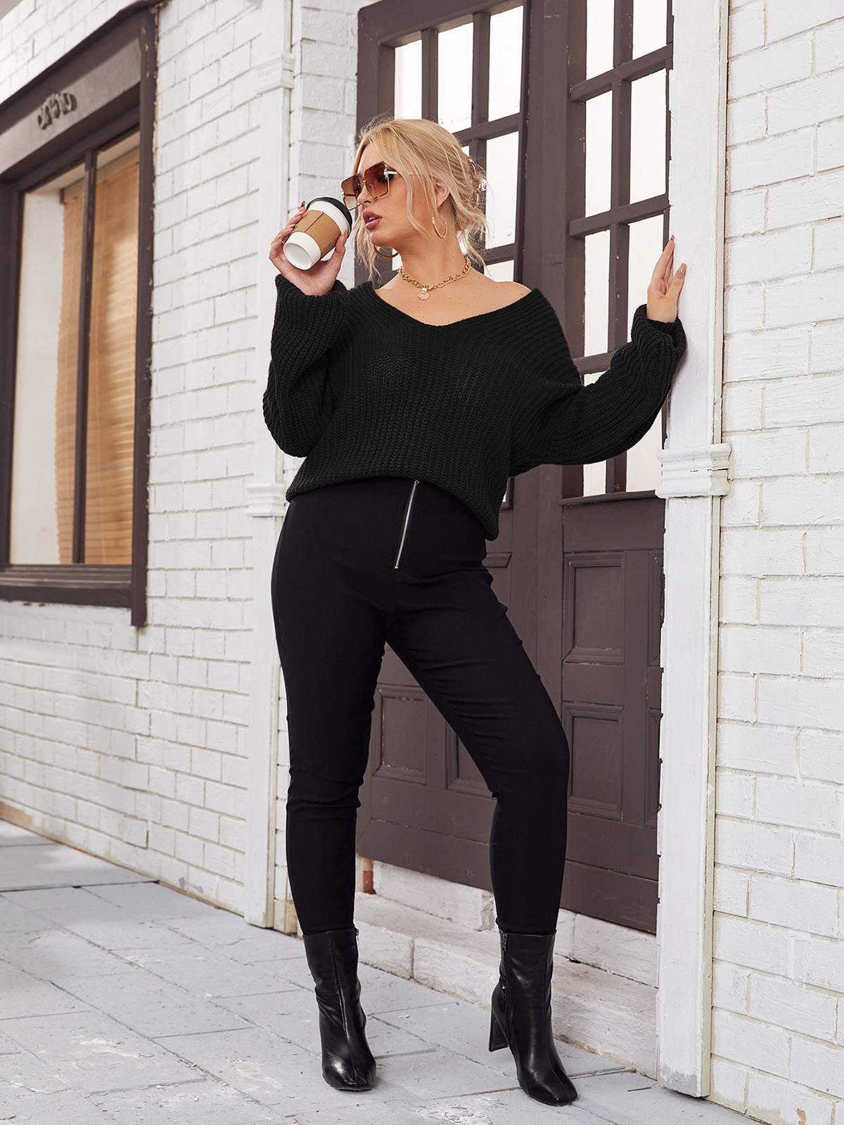 product - wholesale Plus Size Real Shot Women Clothing Autumn Winter V neck Knitted Sweater for Women - 8