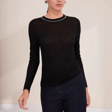 25秋季新款精纺绵羊毛打底衫轻薄钉珠圆领显瘦百搭长袖针织上衣女