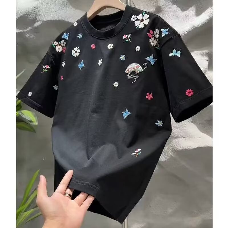 Men's Trendy Luxury Short Sleeve T-Shirt Tie Dye Crew Neck With Stylish Letter Embroidery Versatile Shoulder Design Summer Top_viptrois.com