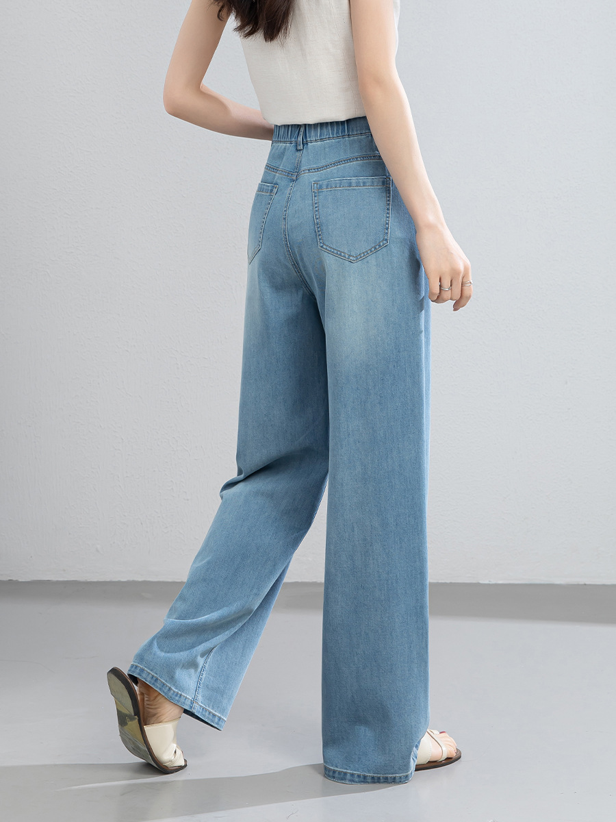 Quần jean nữ cao eo ống rộng dáng suông, chất liệu cotton pha tơ tằm thoáng mát, dài 103 cm — Thông thường - chiều dài quần khoảng 103cm