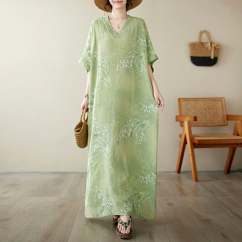 Summer retro long beach dress, V-neckline, cotton and linen, plus size