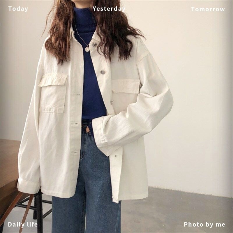 Single-Breasted Denim Jacket for Women, Spring and Autumn 2026 New Style, Versatile, Loose Fit, Slimming, Solid Color, Turn-Down Collar Jacket Top