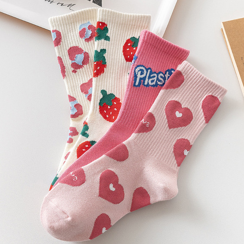 Pink Love Strawberry Socks for Women Spring and Autumn Style with Shark Pants Mid-calf Socks Fashionable and Versatile Cute Ins Trendy Long Socks