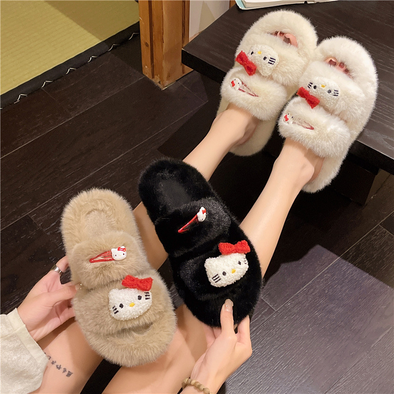 Pequeño libro rojo empuje caliente ~ todo partido de dibujos animados lindo gato de suela gruesa zapatillas peludas de las mujeres de otoño e invierno cómodas zapatillas de algodón al aire libre