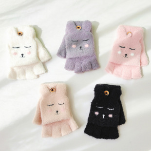Korean Cartoon Children's Half Finger Flip Warm Gloves Winter Cold-proof Thickened Cute Woolen Rabbit Student's Five Fingers