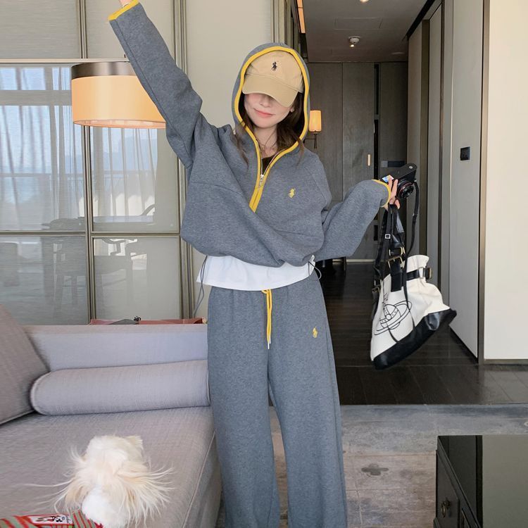 大码灰色运动休闲卫衣套装女秋季超火慵懒风宽松阔腿裤两件套|undefined