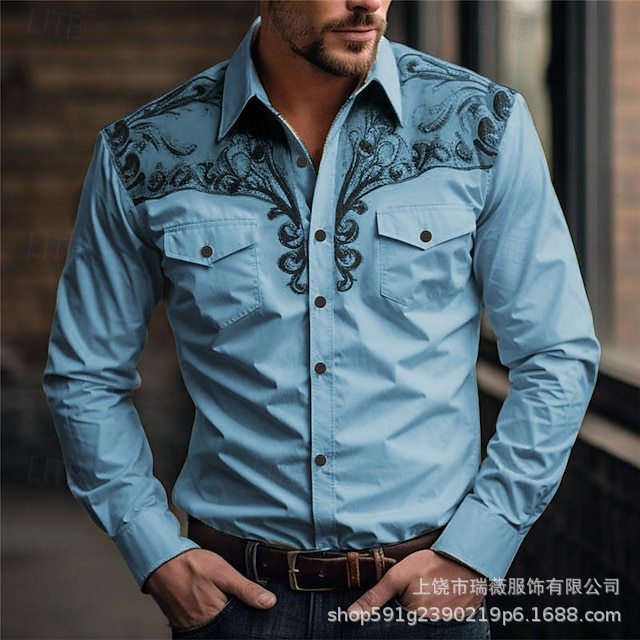 2026 Independent Site Amazon Men's Printed Western Retro Style Spring and Summer Versatile Collared Pocket Shirt 2026 Independent Site Amazon Men's Printed Western Retro Style Spring and Summer Versatile Collared Pocket Shirt