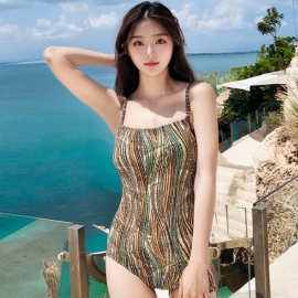 泳衣女2025连体比基尼复古条纹遮肉显瘦性感小胸聚拢温泉度假泳装
