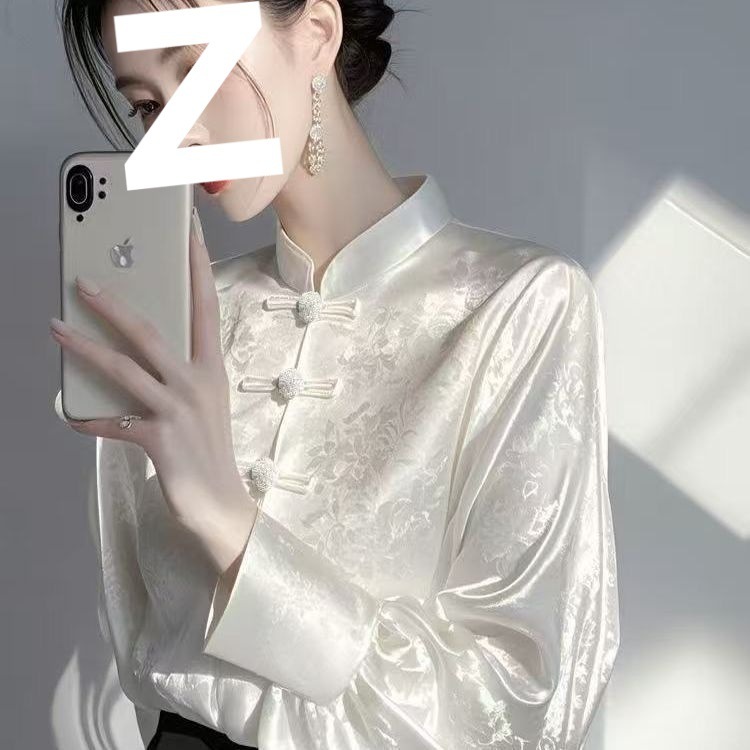 新中式国风内搭打底衫女早春高级感轻奢减龄洋气白色提花衬衫2025|undefined