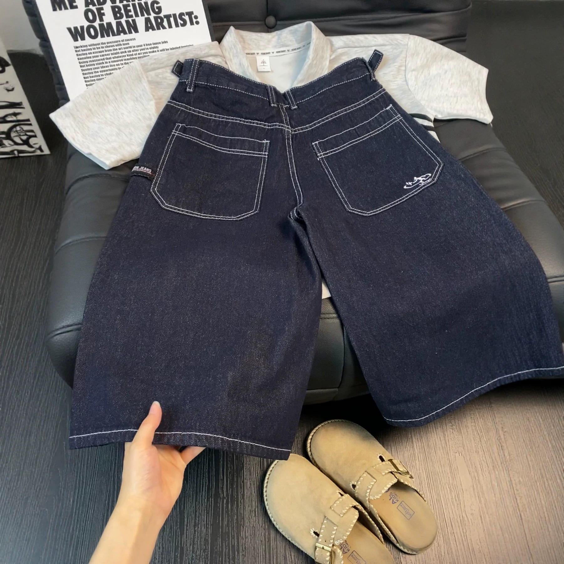 Vintage American Style Summer Original Wash Seven-Tenths Denim Shorts Men Women Street Wide Leg Loose Fit Casual Pants​_viptrois.com