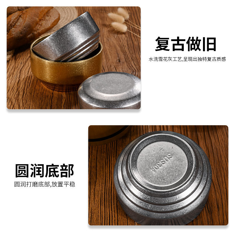 复古304不锈钢米饭碗带盖韩式双层防烫汤碗商用做旧金色料理小碗|undefined
