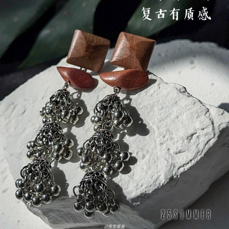 复古新中式民族风天然原木耳环做旧百搭流苏耳夹女|undefined