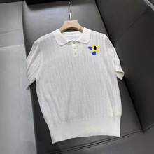 现货2024夏季新品桑蚕丝亚麻混纺镂空花朵提花针织polo衫