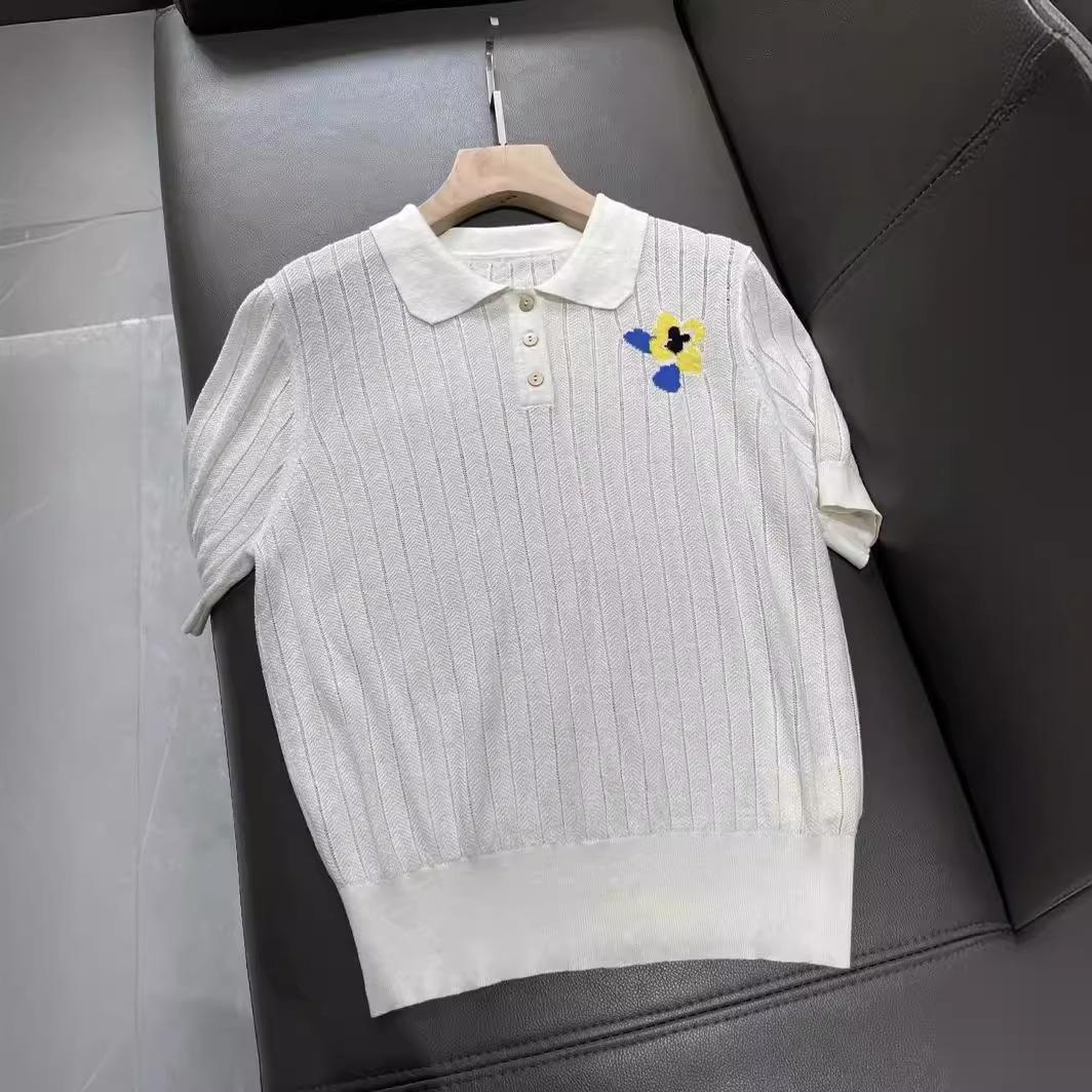 现货2024夏季新品桑蚕丝亚麻混纺镂空花朵提花针织polo衫