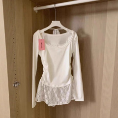 假两件设计感蕾丝拼接挂脖长袖t恤女秋冬内搭打底衫辣妹修身上衣