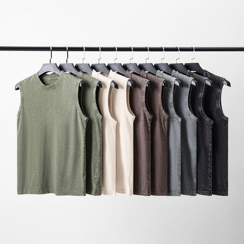 230g pure cotton European and American high street hiphop retro washing old sleeveless vest men casual loose knitted T-shirt