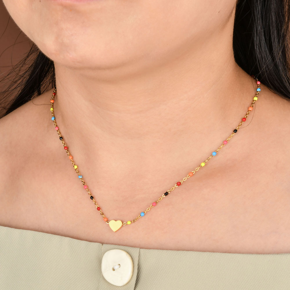 Sweet Heart Shape Stainless Steel Alloy Beaded Enamel Pendant Necklace_colorza_7