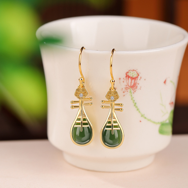 Khuyên tai bạc S925 mạ vàng đính ngọc bích hình hươu phong cách dân tộc — Kiểu màu bạc