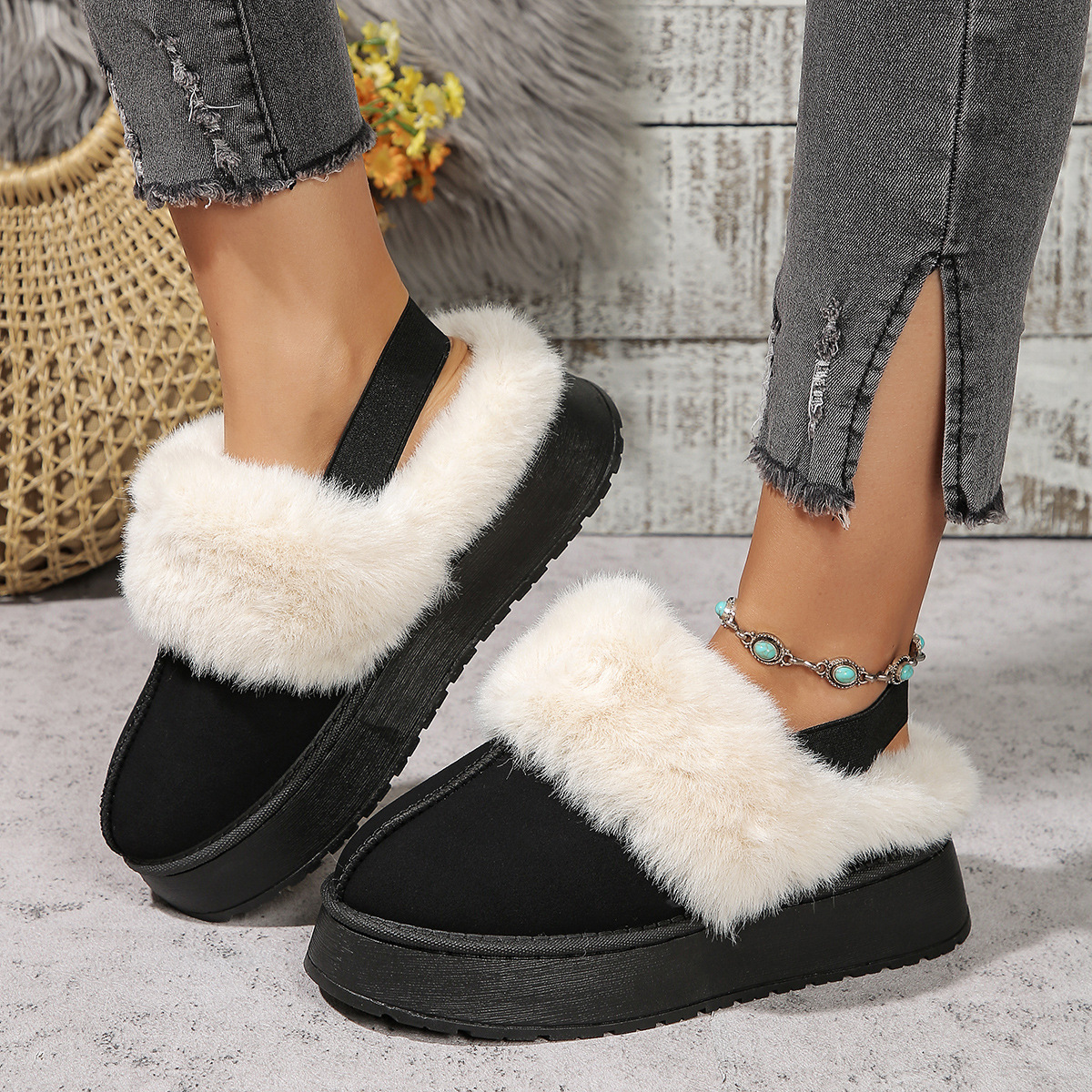 Women's heavy-soled cotton boots with round toe heel elastic straps keep them warm_voghion.com
