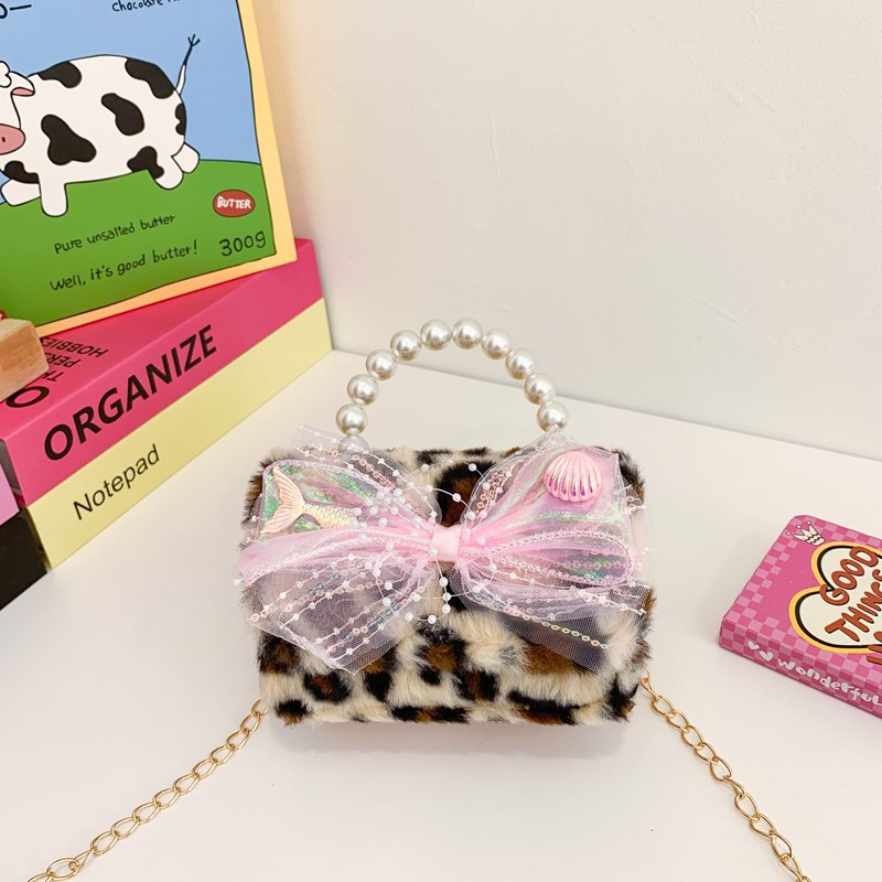 Nuevo leopardo arco bolso infantil peluche princesa de dibujos animados chica bolso de perlas bolso de hombro monedero