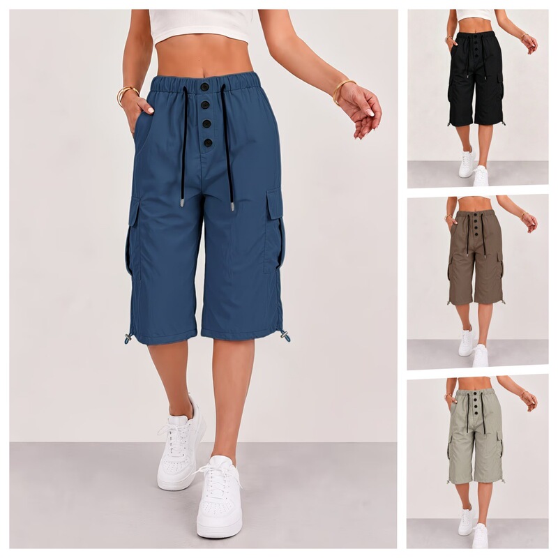 Cross-Border Temu New Women's Workwear Multi-Pocket Multi-Button Lightweight Quick-Dry Cropped Pants Outdoor Running Shorts