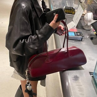 South Korea Niche Bowling Bag fottsfo Baguette Bag Single Shoulder Large Capacity Bag Design Cowhide Underarm Bag New
