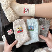 羊毛袜子女冬加厚保暖点子纱中筒袜卡通kt布标可爱韩版松口堆堆袜