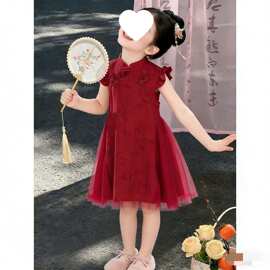 红色旗袍女童礼服新款儿童小女孩连衣裙夏季中国中式演出服汉服