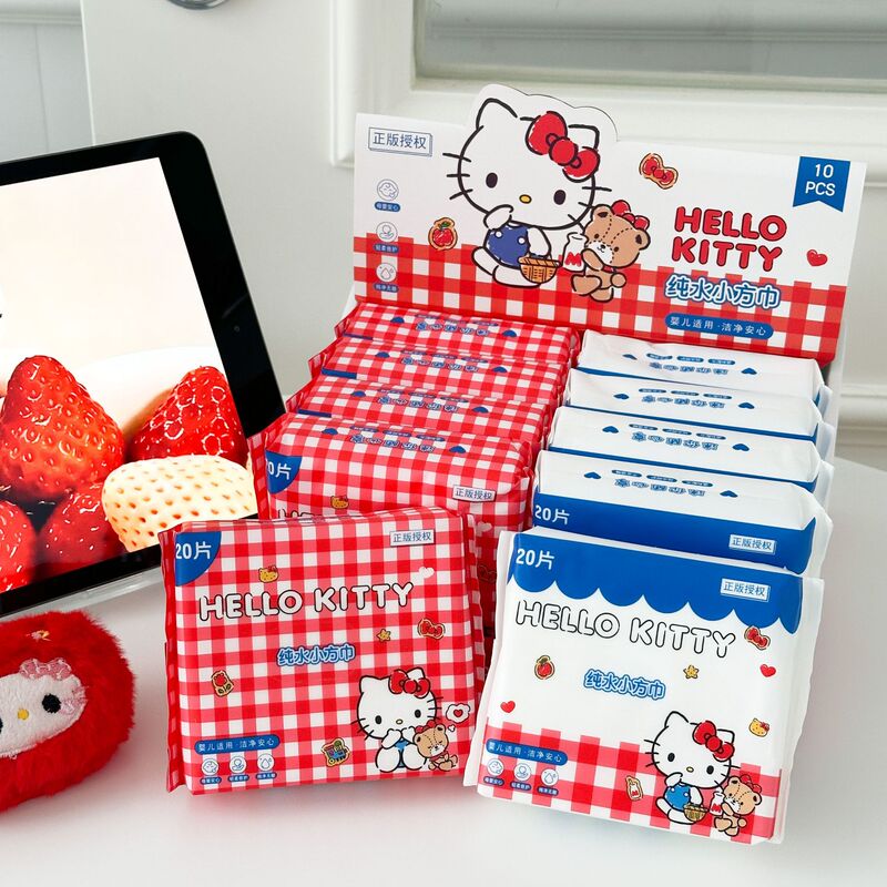 Authentic Sanrio Hello Kitty small square wet wipes, 20 sheets, portable small pack for students and children, specifically for hand and mouth cleaning