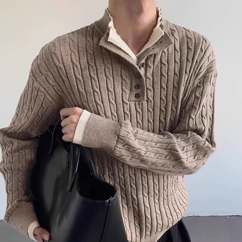 Oatmeal-Colored Thick Hemp Flower Fake Two-Piece Collar Knitted Top for Boys Old Money Style Lazy Style High-End Casual Long-Sleeved Sweater