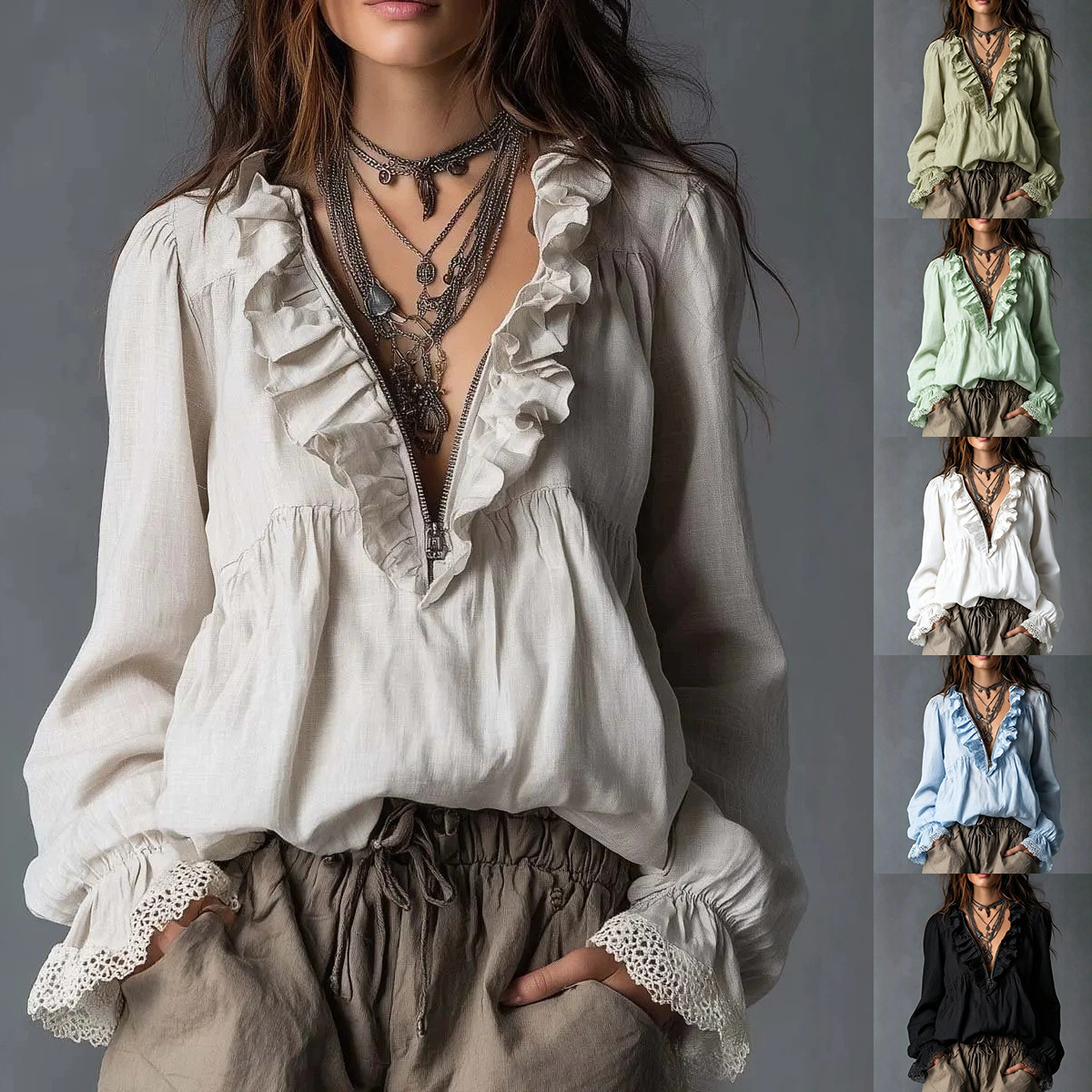2026 European and American Cross-Border Half-Zip V-Neck Lace Bell-Sleeve Loose Bohemian Long-Sleeve Ruffle Top