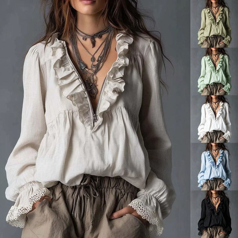 2026 European and American Cross-Border Half-Zip V-Neck Lace Bell-Sleeve Loose Bohemian Long-Sleeve Ruffle Top 2026 European and American Cross-Border Half-Zip V-Neck Lace Bell-Sleeve Loose Bohemian Long-Sleeve Ruffle Top