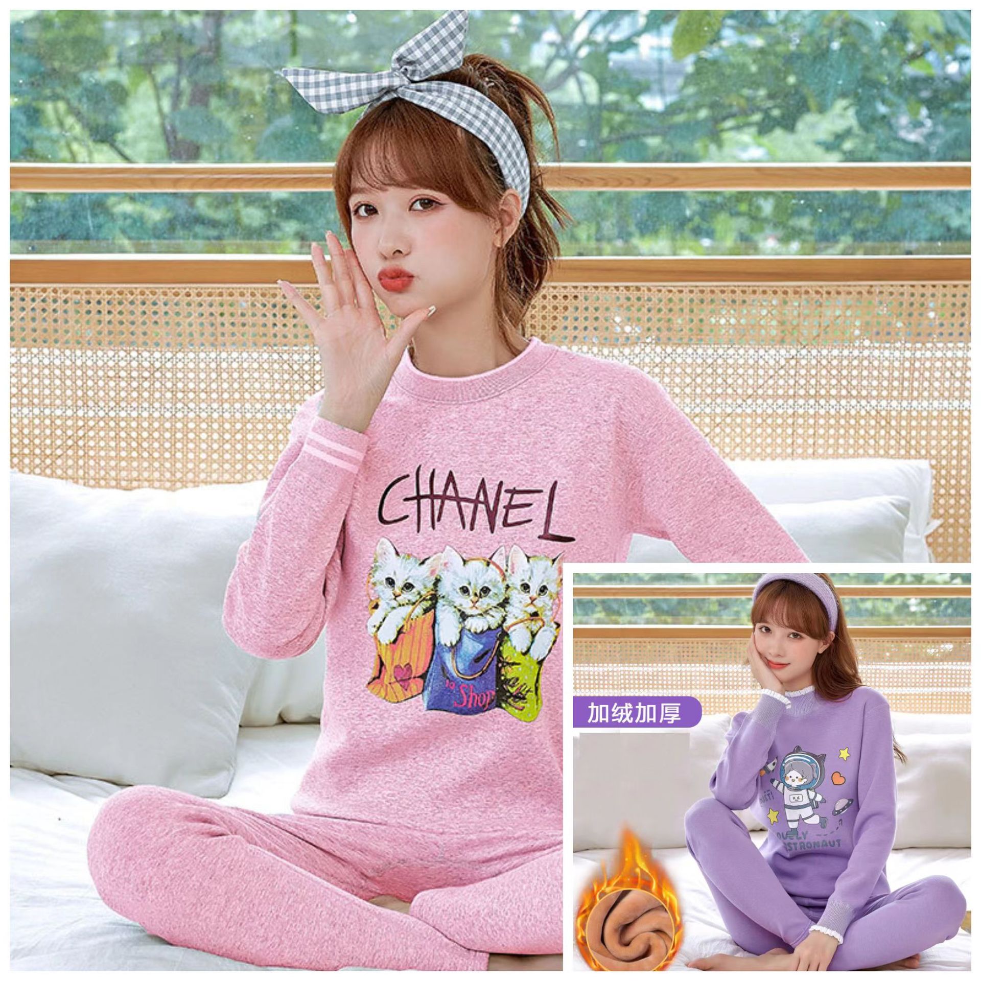 소녀의 열 속옷 기모 두꺼운 겨울 기본 셔츠 중학생 큰 소년 소녀의 가을 바지 처리 세트