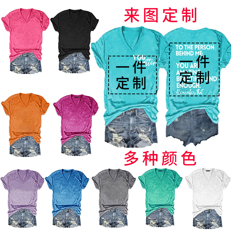 2025 European and American Cross-Border V-Neck Printable T-Shirt, Summer Hot-Selling Foreign Trade Casual Versatile Short-Sleeve Women's Top, Trendy Brand