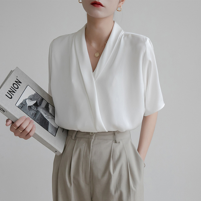 French style elegant satin v-neck white shirt women's short-sleeved summer Korean style loose all-match Design shirt top