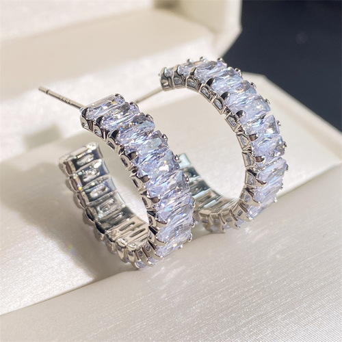 RAKOL Western and Eastern Fashion Personality Light Luxury Geometric Square Diamond Claw Pendant C-Shaped Earrings for Women