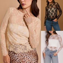 欧美透视网纱性感纯欲蕾丝修身打底T恤多色一字领长袖上衣SU4030