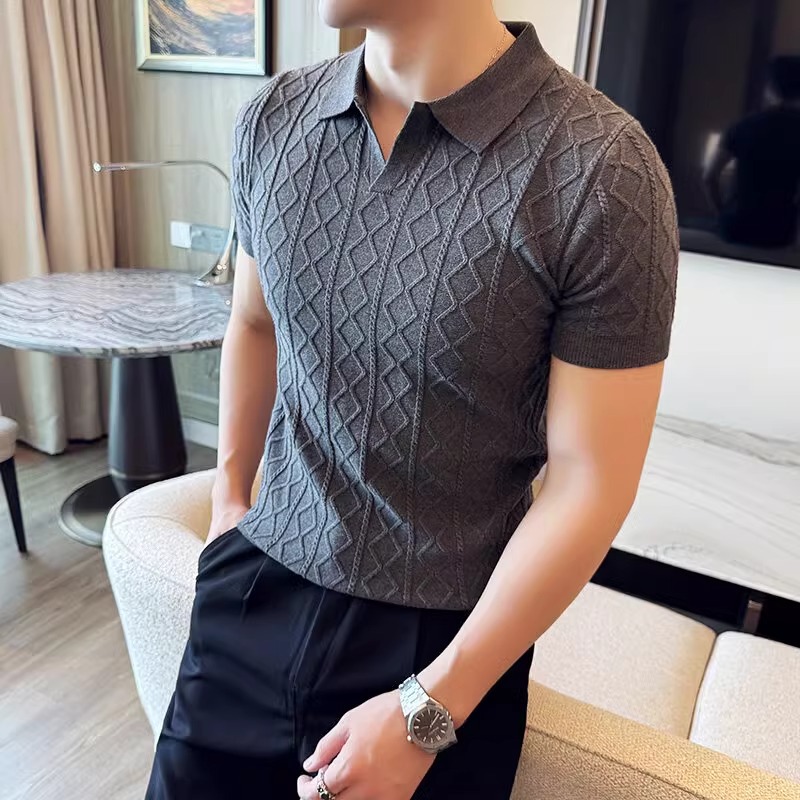 Verano nuevo estilo suéter de manga corta camisa POLO con textura para hombre solapa de negocios con cuello en V camiseta delgada comercio exterior al por mayor transfronterizo